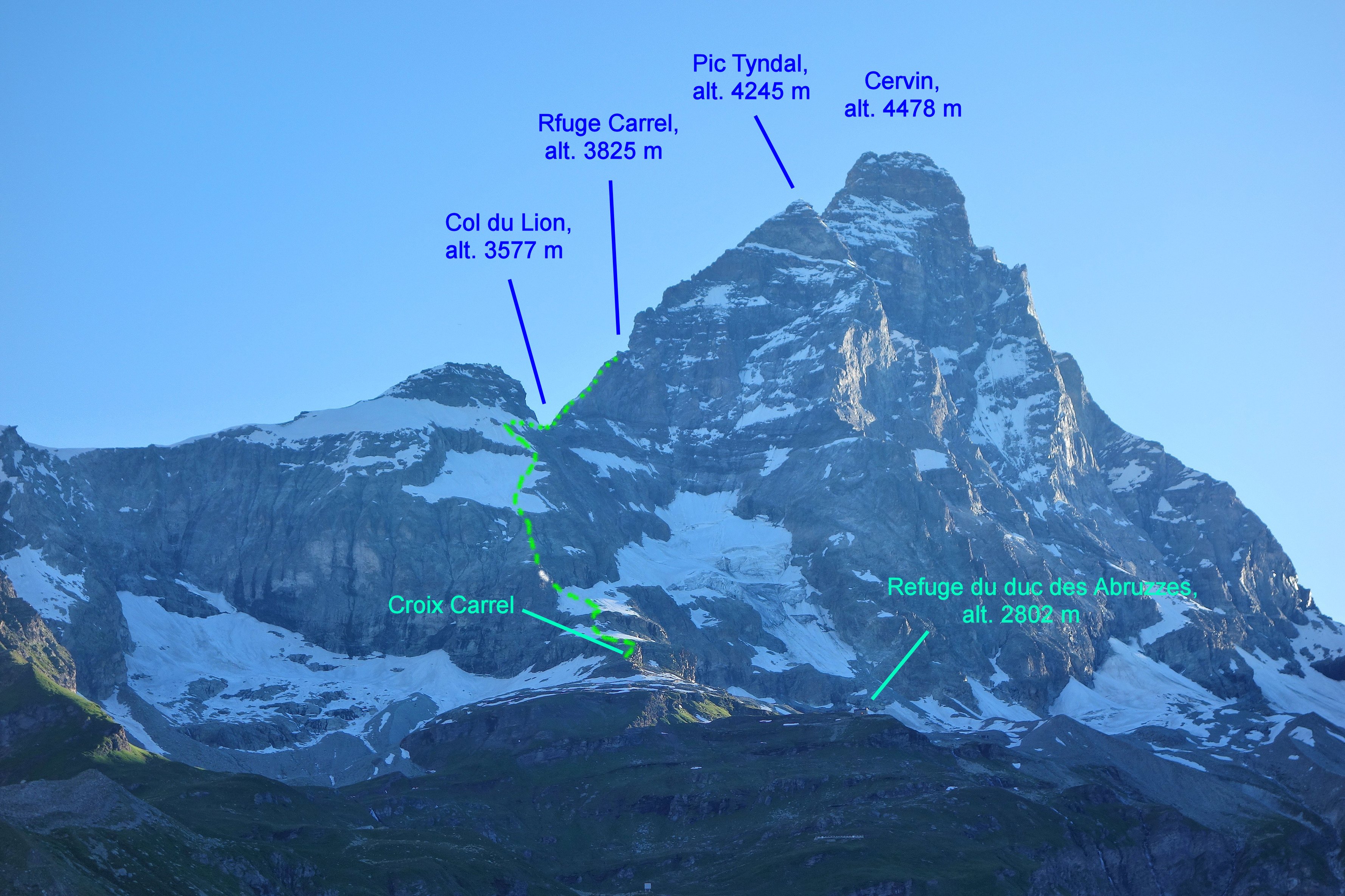 Le tracé jusqu’au refuge Carrel.